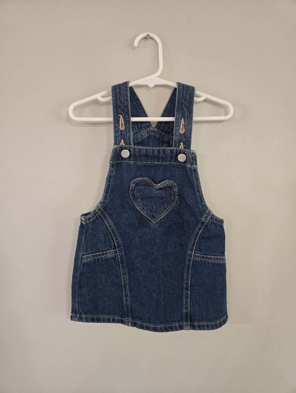 Old Navy Dark Blue Denim Overall Dress with Heart Patch 12-18M